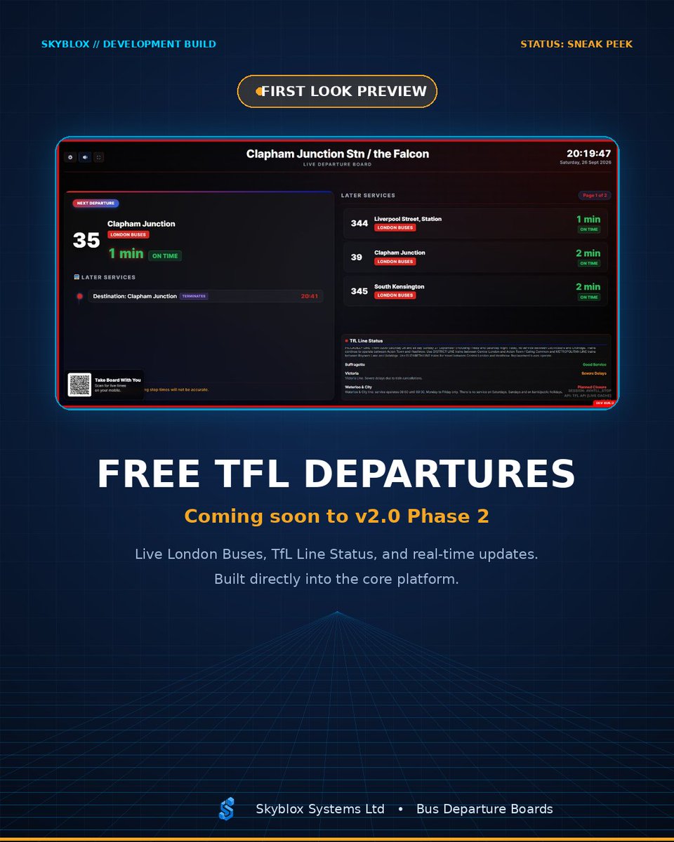 SkybloxSystems's tweet photo. Get ready. Free TfL (Transport for London) departures are officially coming to Bus Departure Boards in v2.0 Phase 2.

We are bringing Live London Buses, TfL Line Status, and real-time updates directly into the core platform—no extra integrations required. https://t.co/gQbesPDk44