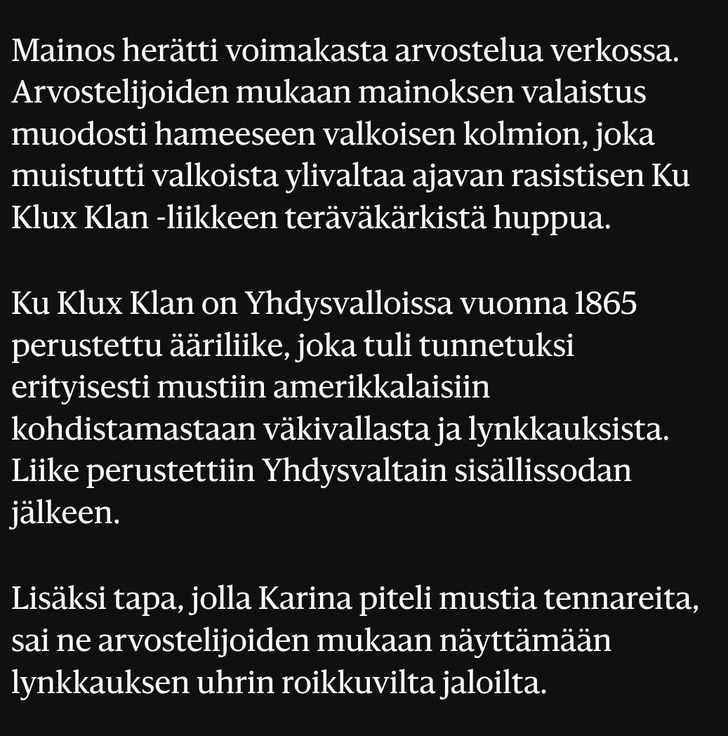 FatPjotr's tweet photo. Kertokaa millä mielikuvituksella tuosta näkee lynkatun jalat ja KKK:n hupun? Kula näitä höpöjuttuja keksii, ja miksi mainostajat edelleen menevät mukaan tähän sekoiluum? https://t.co/oOiLYgdVVP