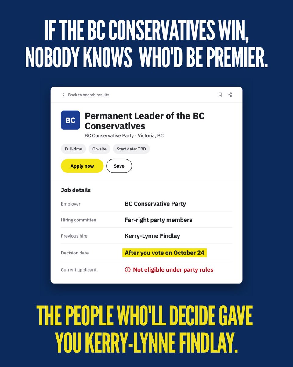 bcndp's tweet photo. Who would be premier if the Conservatives win? 

Nobody knows. 

The people who'll decide are the ones who gave you Kerry-Lynne Findlay. https://t.co/R3LnclSVAq