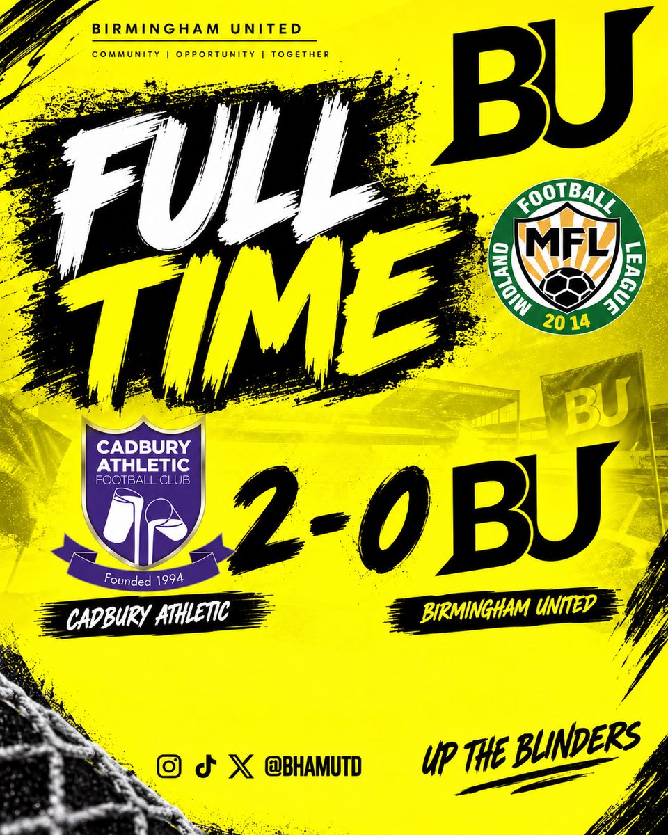 BUFCFirst's tweet photo. We fall short for the first time this season with Cadbury Athletic taking the 3 points with a 2-0 win.

Onto the next💛🖤

#bufc #nonleauge #uptheblinders https://t.co/A0yLCEW4Ay