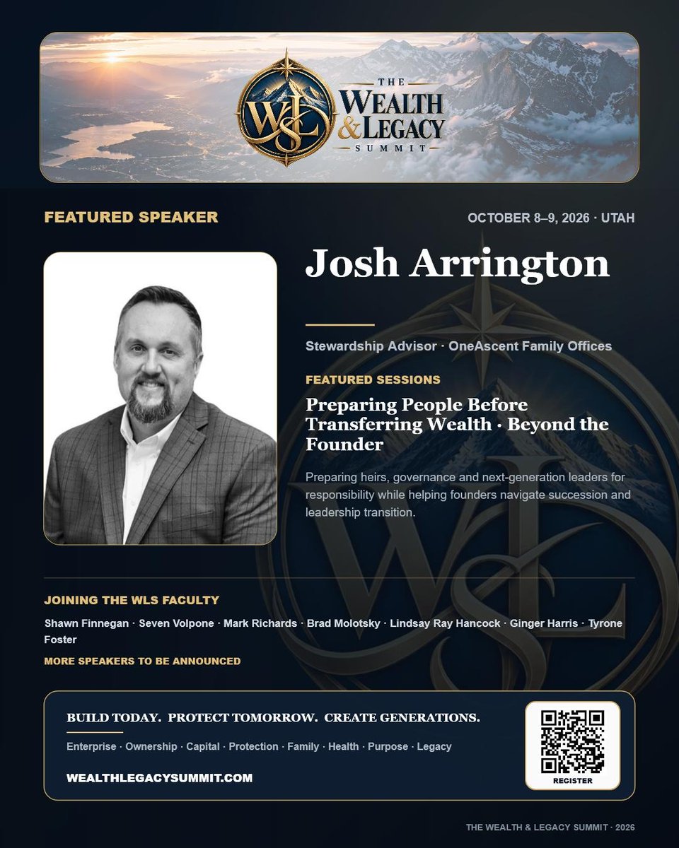 x5convergence's tweet photo. Welcome Josh Arrington, Stewardship Advisor at @OneAscent Family Offices, to The Wealth &amp; Legacy Summit 2026!

Sessions: Preparing People Before Transferring Wealth · Beyond the Founder

Oct 8–9 · Utah

Build today. Protect tomorrow. Create generations.
https://t.co/ESey8gmbPF https://t.co/VP3Z1IRCql