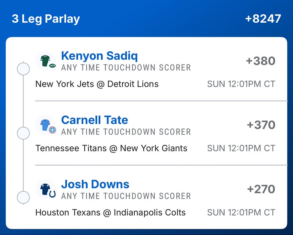 TsochBets's tweet photo. TD Parlay!

Kenyon Sadiq +380 (DET weak TE D)
Carnell Tate +370 (breakout game)
Josh Downs +270 (red zone targets) https://t.co/A8eo6xG0rF