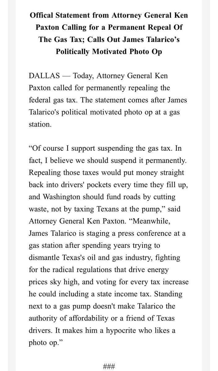 bwaltens's tweet photo. Inbox: @KenPaxtonTX calls for permanent repeal of the federal gas tax https://t.co/ODVBG2VbKY