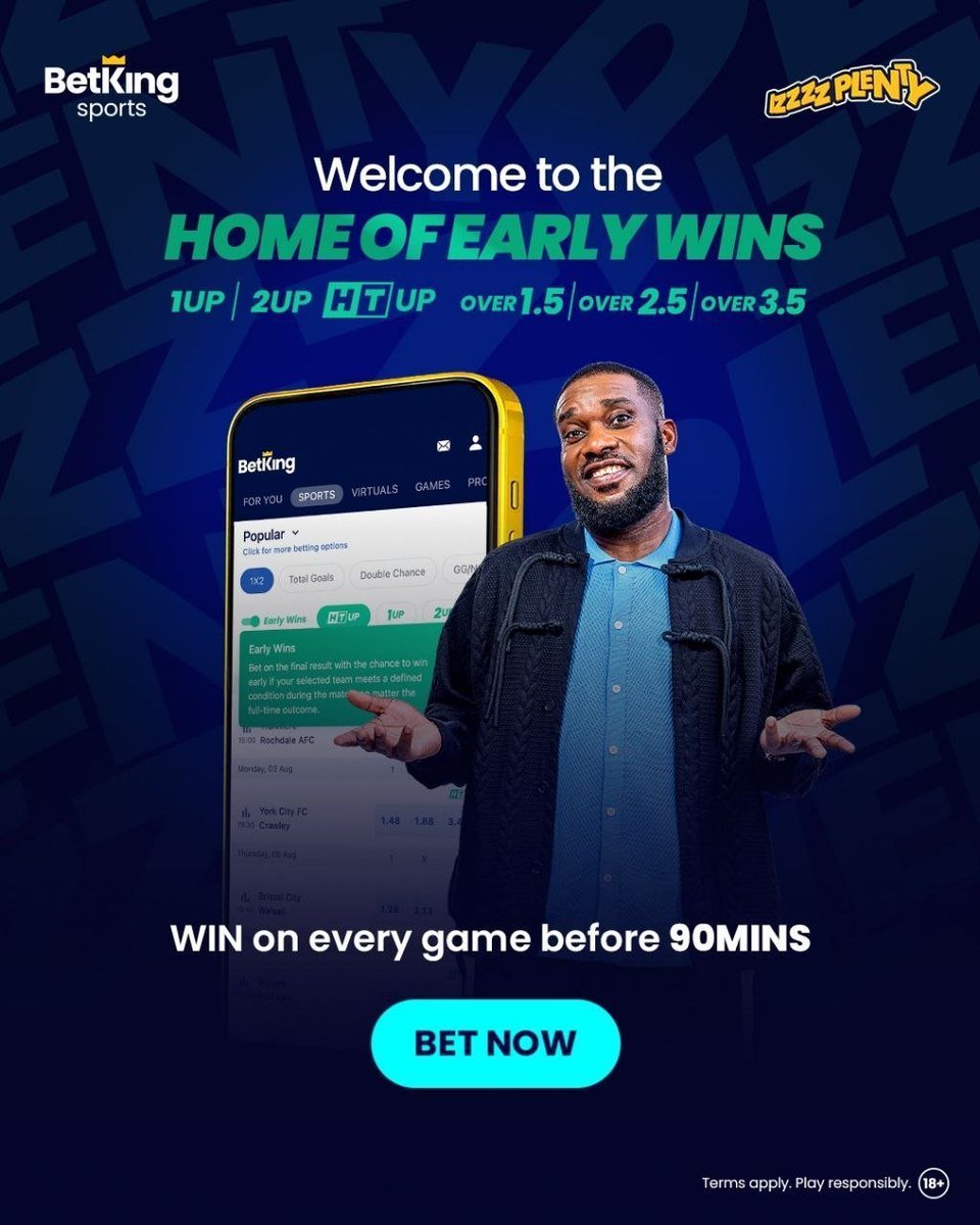 BOOMERTHEFIRST's tweet photo. WHY WATCH THE WHOLE GAME BEFORE GETTING AHEAD?! 😤🚀

Football is already stressful enough… so why make your bet slip suffer too? 😤⚽😂

With @BetKingNG EARLY WINS, you can get ahead before the final whistle even comes close! 💰🔥

🔥 1UP
🔥 2UP
⏱️ HT UP

No more sitting there nervously watching every minute tick by! 😭⏱️

Pick your market. Get ahead. Keep the energy high! 🗣️🔥

18+ | Gamble Responsibly.