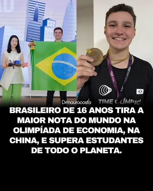 neideboaski's tweet photo. PALMAS PARA O ARTHUR!!

"O brasileiro Arthur Alencar
Spuri, de apenas 16 anos,
alcançou o primeiro lugar na
Olimpíada Internacional de
Economia, realizada em
Shenzhen, e conquistou a
medalha de ouro individual.

Estudante do segundo ano
do Ensino Médio, ele somou
199,469 pontos e superou
mais de 260 participantes
de diversos países.

Arthur também integrou a
equipe campeã da prova
Business Case e foi
ovacionado durante a
cerimônia de premiação.

A trajetória em competições
acadêmicas começou ainda
no Ensino Fundamental,
com incentivo da família.

Ao longo dos anos, Arthur
acumulou medalhas em
disputas de Matemática,
Física, Astronomia,
Informática e Economia.
Poucos dias antes do
resultado na competição
de Economia, ele também
havia conquistado uma
medalha de prata na
Olimpíada Internacional
de Física, realizada
na Colômbia.

Aos 16 anos, o estudante
já traça planos para o futuro.
Entre seus objetivos está
conquistar uma vaga no
Massachusetts Institute
of Technology, nos Estados
Unidos, e posteriormente
atuar no mercado financeiro.

Apesar dos resultados
alcançados, Arthur afirma
que seu principal objetivo
é utilizar o conhecimento
para produzir um impacto
positivo na sociedade.
(Desconheço Autoria)