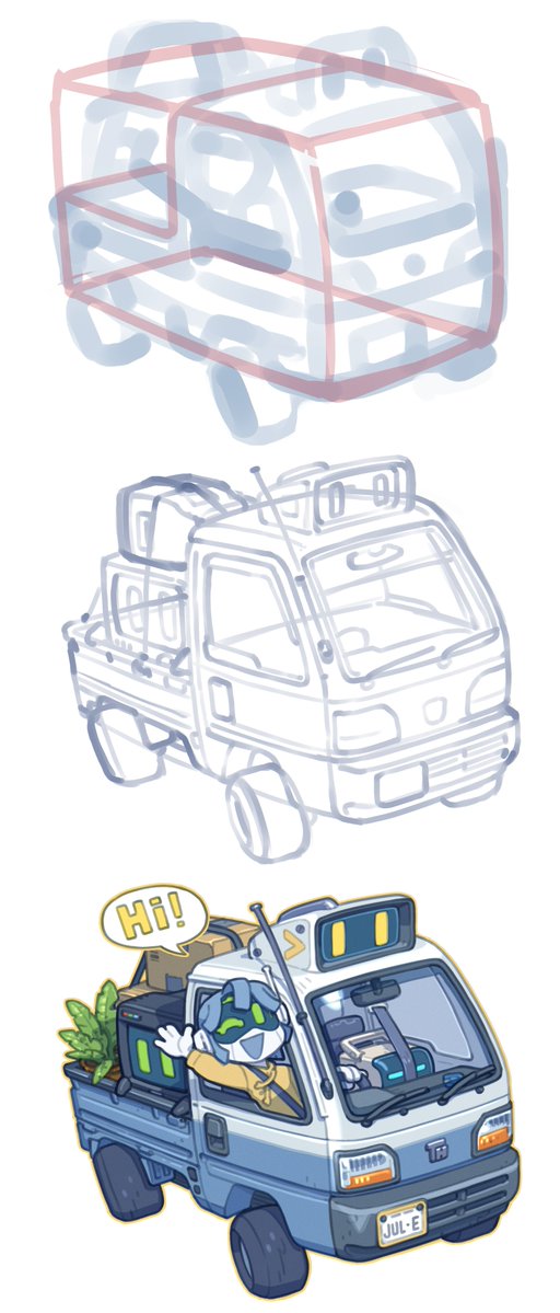 Thdark101's tweet photo. I was asked if I know of any books/guides on how to go about drawing vehicles, and while I don't I can at least share how I go about it if that's helpful: I usually start with big blocky shapes in the angle/perspective I want, then carve out/fill in details, with reference handy https://t.co/j9kxVcyMOj