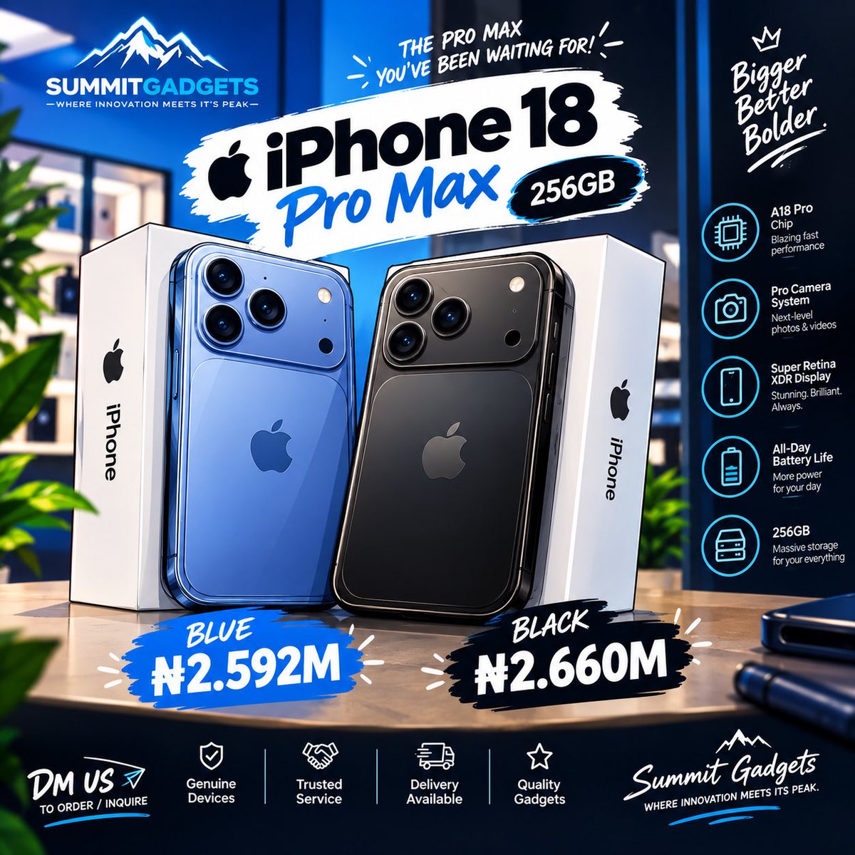 Summitgadgets's tweet photo. 🚨 iPhone 18 Pro Max | 256GB 📱🔥
💙 Blue — ₦2.592M
🖤 Black — ₦2.660M
Premium. Powerful. Pro Max. 😮💨
Ready to upgrade? DM Summit Gadgets to order/inquire. 🛍️📩
⛰️ Where Innovation Meets Its Peak.
#iPhone18ProMax #iPhone18 #SummitG #iPhoneNigeria #NigeriaTech #iPhone修理 https://t.co/vJaFlP1Ueu