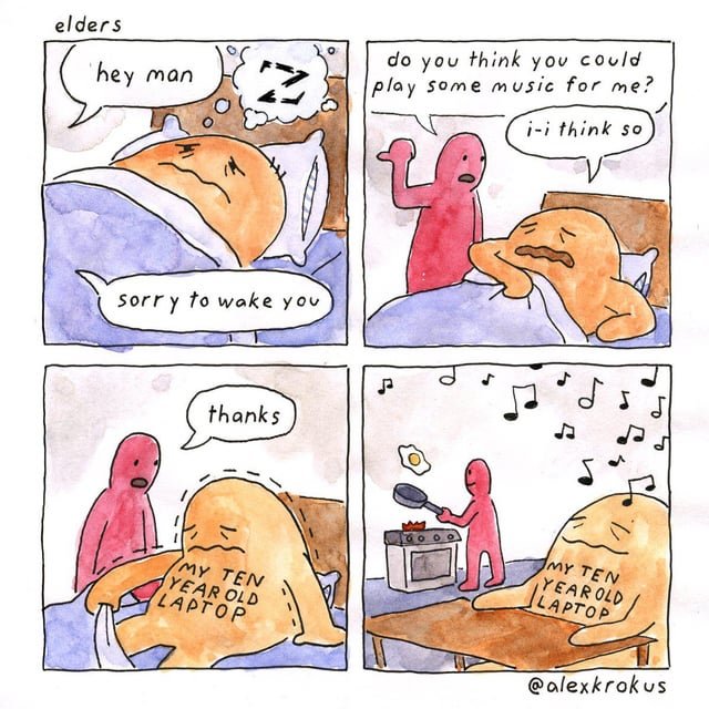 middlingwife's tweet photo. Using an ancient Lenovo laptop to toggle between 5 articles for my synthesis essay has made me lose all the sentiment of this comic strip. Wake up sleepy bitch https://t.co/ARCMqpsEZD