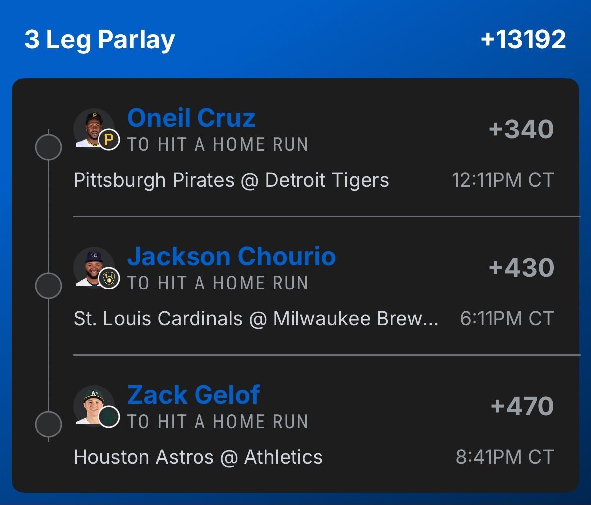 Mrbigbotwucd's tweet photo. Oneil Cruz HR (+340) ⚾️
Jackson Chourio HR (+430) 💣
Zack Gelof HR (+470) 🚀
+13192 odds 👀
Who’s riding this one with me? 🎟️🔥@playbook https://t.co/Egdc3wMNRp