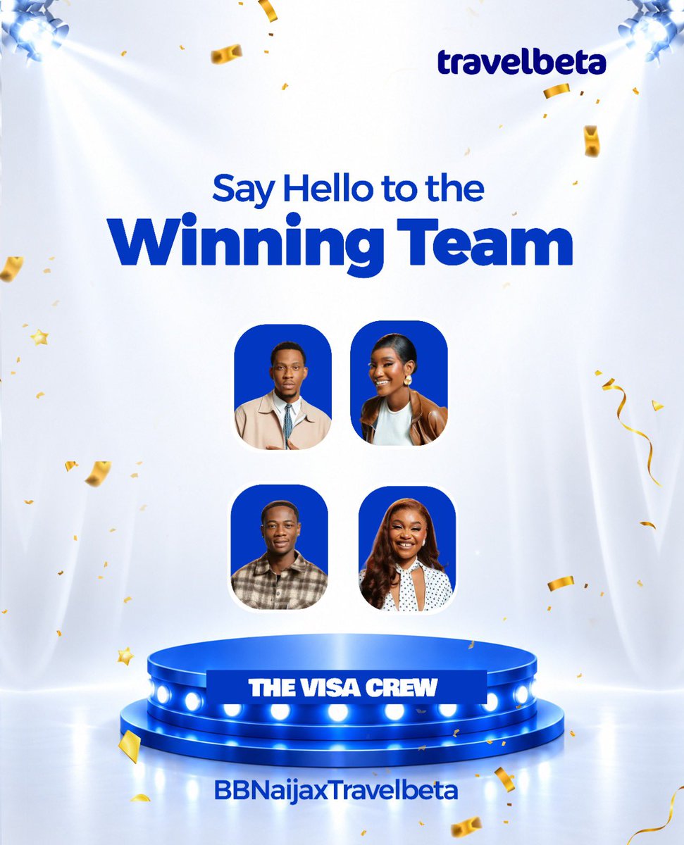 Travelbeta's tweet photo. We have our Winners! 🏆🥳🥳Congratulations to The Visa Crew! 🔥💙

#BBNaijaxTravelbeta #BBNaija #BBNaijaS11 #travelbeta #Bigbrothernaija https://t.co/zDTdDqnNie