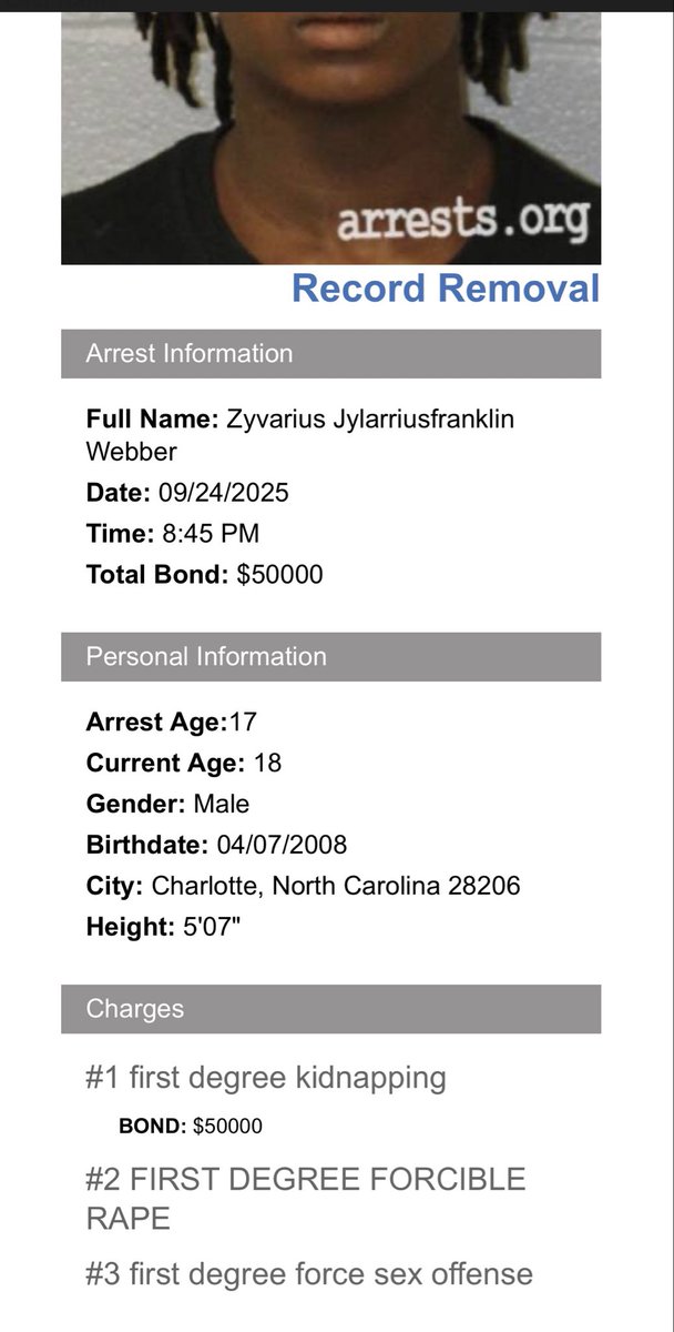 L1569Uptown's tweet photo. Oh look…. 

Zyvarius Webber
Date: 09/24/2025

Charges:
#1 first degree kidnapping
BOND: $50000
#2 FIRST DEGREE FORCIBLE
RAPE
#3 first degree force sex https://t.co/6xLpnlThTT
