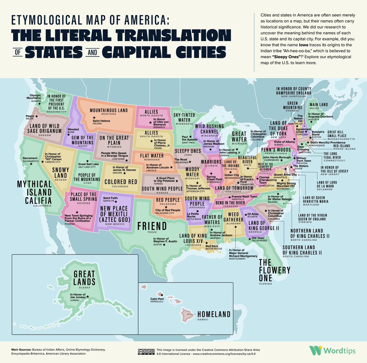 lingdiscovery's tweet photo. The etymology of state names and capitol city names https://t.co/ML7X8U5ULp