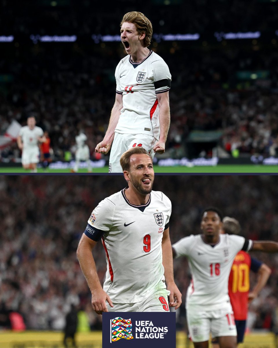 UEFAEURO's tweet photo. ⚽️ Anthony Gordon (36')
⚽️ Harry Kane (40')

England turn it around at Wembley 😱

#NationsLeague https://t.co/zNeXQLfIV4