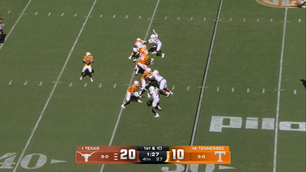 A college football game between Texas and Tennessee, with the scoreboard showing Texas leading 20-10 in the 4th quarter with 1:27 remaining.