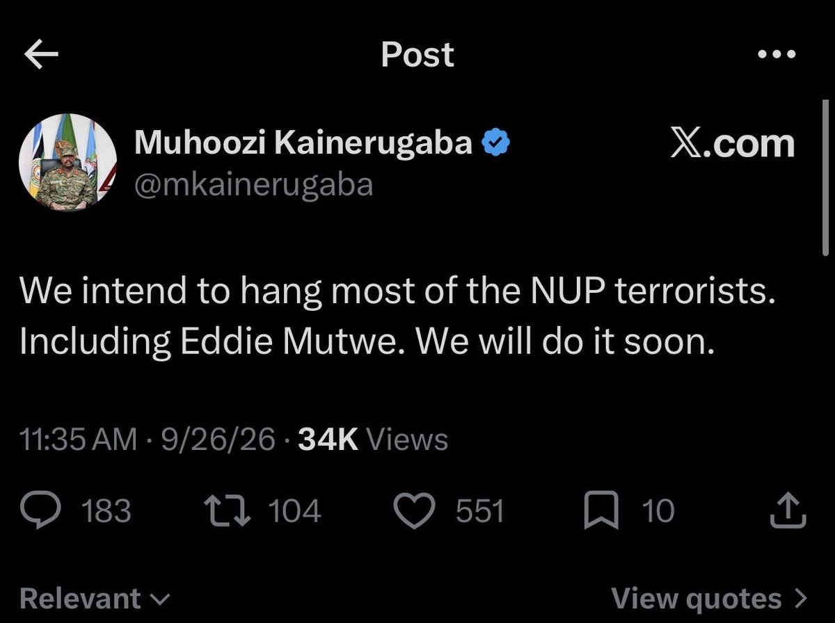 kampala_solomon's tweet photo. The commander of Uganda's army says he will hang "NUP terrorists," and names Eddie Mutwe. Let me tell you who Eddie Mutwe is and why he is in prison.

Eddie Mutwe is Presidential candidate and my father Robert Kyagulanyi’s head of security. On 27 April 2025 he was abducted from Mukono by security operatives and held with no charge. Days later this same general admitted on X that Eddie was in his basement. Eddie was electrocuted, waterboarded, beaten four times a day, and starved. On 5 May 2025 he was dropped at Masaka court on crutches and charged with robbery. He has been in prison since.  

Uganda's own Human Rights Commission issued an official release order for Eddie Mutwe, declaring his detention unlawful. The military rejected it, and Muhoozi called the letter "stupid" on X. 

So what is an "NUP terrorist"? It is anyone who belongs to the National Unity Platform, Uganda's largest opposition party. Be it a bodyguard, driver, or even a voter. If you support the NUP, then you’re a terrorist and a hooligan. There is no terrorism charge against Eddie Mutwe. In my opinion, the real terrorist is Muhoozi who tortured him, was never questioned, and now promises to kill him. That is what he means.