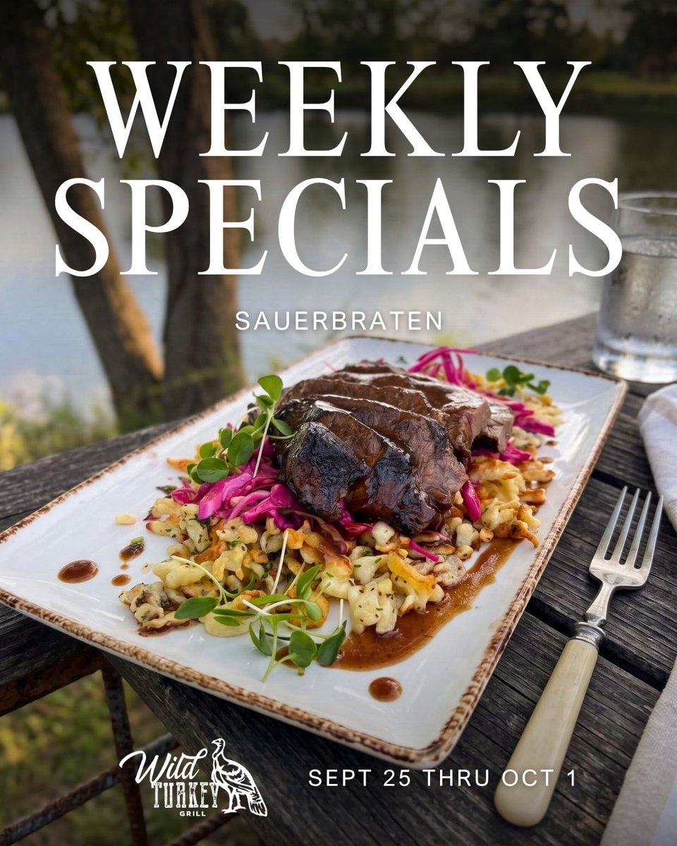 wildturkeygrill's tweet photo. Craving comfort food? This week’s feature is a classic: Sauerbraten ($25) 🥩🍂

Red wine-brined flat iron over house-made spaetzle &amp; pickled red cabbage, finished with a rich demi-glace. Available thru Oct 1! 🍷

📍 3625 Shankweiler Rd, Allentown 🔗 Reserve: Link in bio https://t.co/GqBLnspXEV
