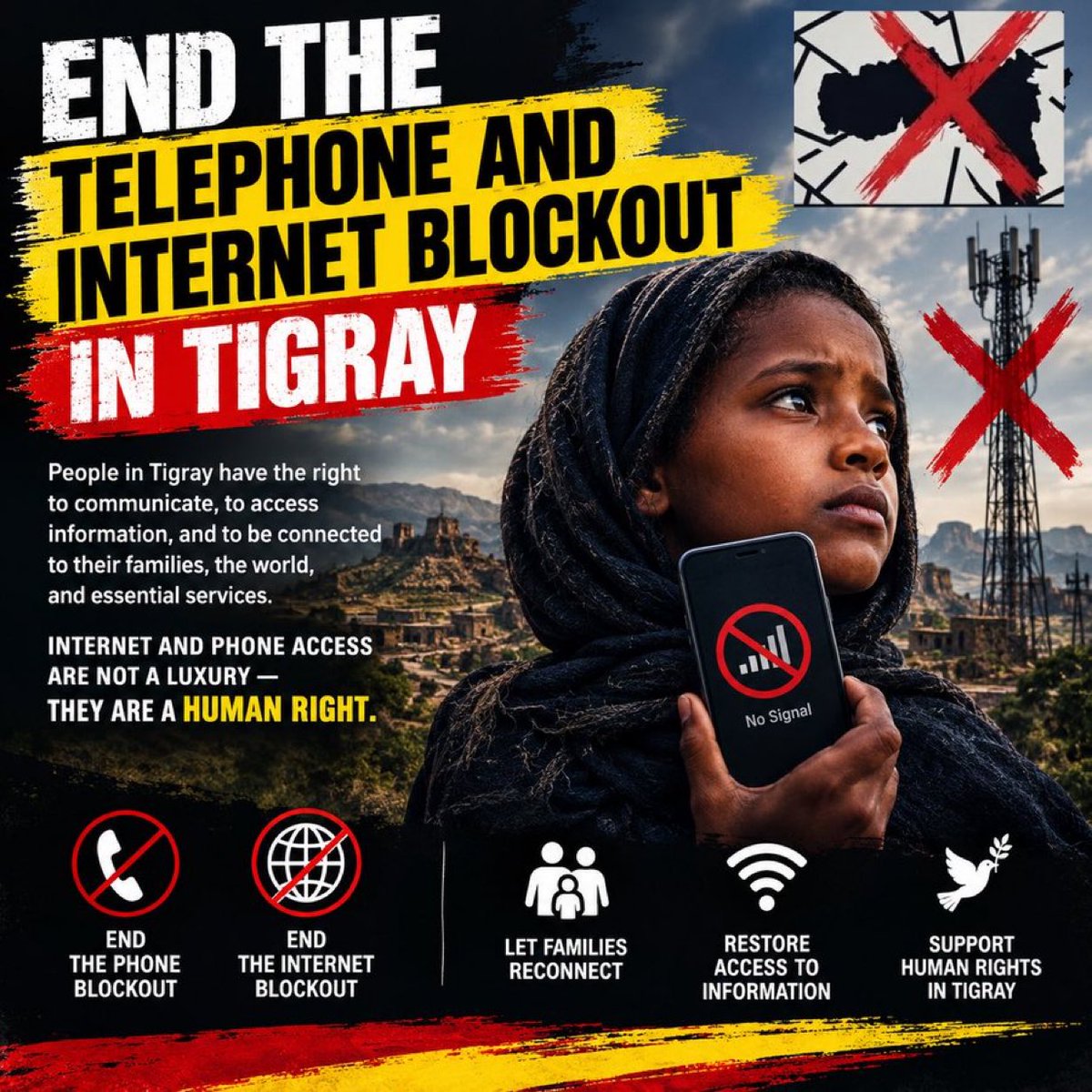 DAT_TDF's tweet photo. We call on the 🇪🇹 gov.t & the int.l community to immediately restore telecommunications & internet access in #Tigray.

In a conflict, communication is a lifeline for civilians, families, journalists, and humanitarian workers. @UN, @hrw, @amnesty, @accessnow @UNHumanRights @UN_HRC @UNGeneva @hrw 

#InternetShutdown #Justice4TigrayGenocide 
@DAT_TDF