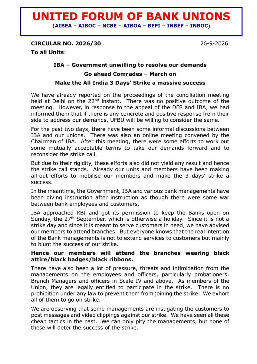 SBIOAKC's tweet photo. ✊ UFBU: GO AHEAD COMRADES — MARCH ON!

The latest UFBU Circular makes it clear: the strike call stands.

Despite discussions with IBA and efforts to find a mutually acceptable way forward, no concrete outcome has emerged on the key demands.

📢 28, 29 & 30 September — All India Bank Strike

The circular also calls for a massive mobilisation and urges members to stand united in the face of pressure and intimidation.

🖤 27 September — Black Attire | Black Badges | Black Ribbons
✊ 28–30 September — United Action

Stay united. Stay strong. March on!

#UFBU #BankStrike #28To30September #FiveDayBanking #BankEmployees #UnitedWeStand #Strike #5DaysWorking #5DayBankingNow