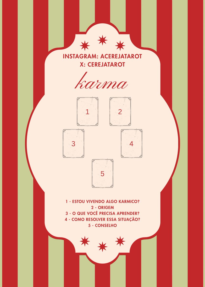 acerejatarot's tweet photo. metodo de hoje: karma✧˚.✦˚

pra quem sente que tá vivendo algo que se repete, tipo um ciclo que não sai do lugar

são 5 cartas: a 1 responde se vocês estão vivendo algo cármico mesmo, a 2 mostra a origem disso, a 3 o que vocês precisam aprender, a 4 como resolver, e a 5 é um conselho final

às vezes a vida insiste em repetir um padrão até a gente entender a lição

bora marcar a sua? (21) 97115-1576