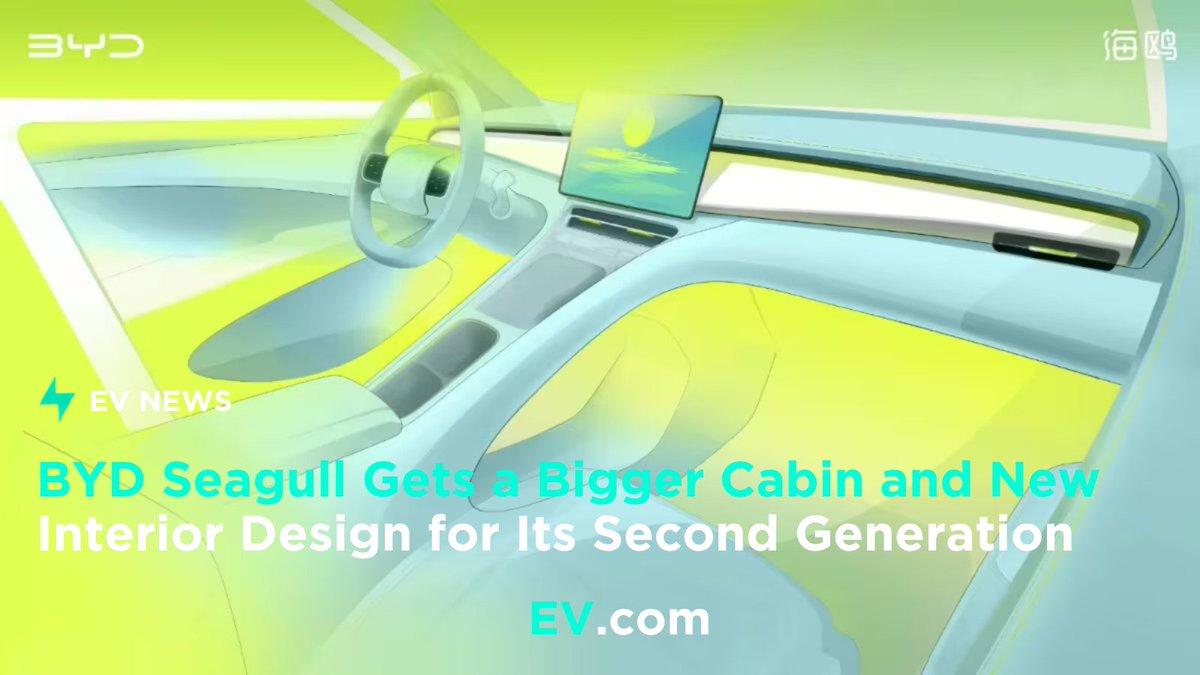 EVcom's tweet photo. BYD has revealed the interior of its second-generation Seagull, showing a minimalist cabin with a floating touchscreen, new two-spoke steering wheel and additional storage.

The redesigned EV is also 425 mm longer than the current model, gains a fifth seat and uses a 95-kW (127-hp) motor. One version can also be equipped with LiDAR and additional radar sensors.

https://t.co/s0QuTaeUy1