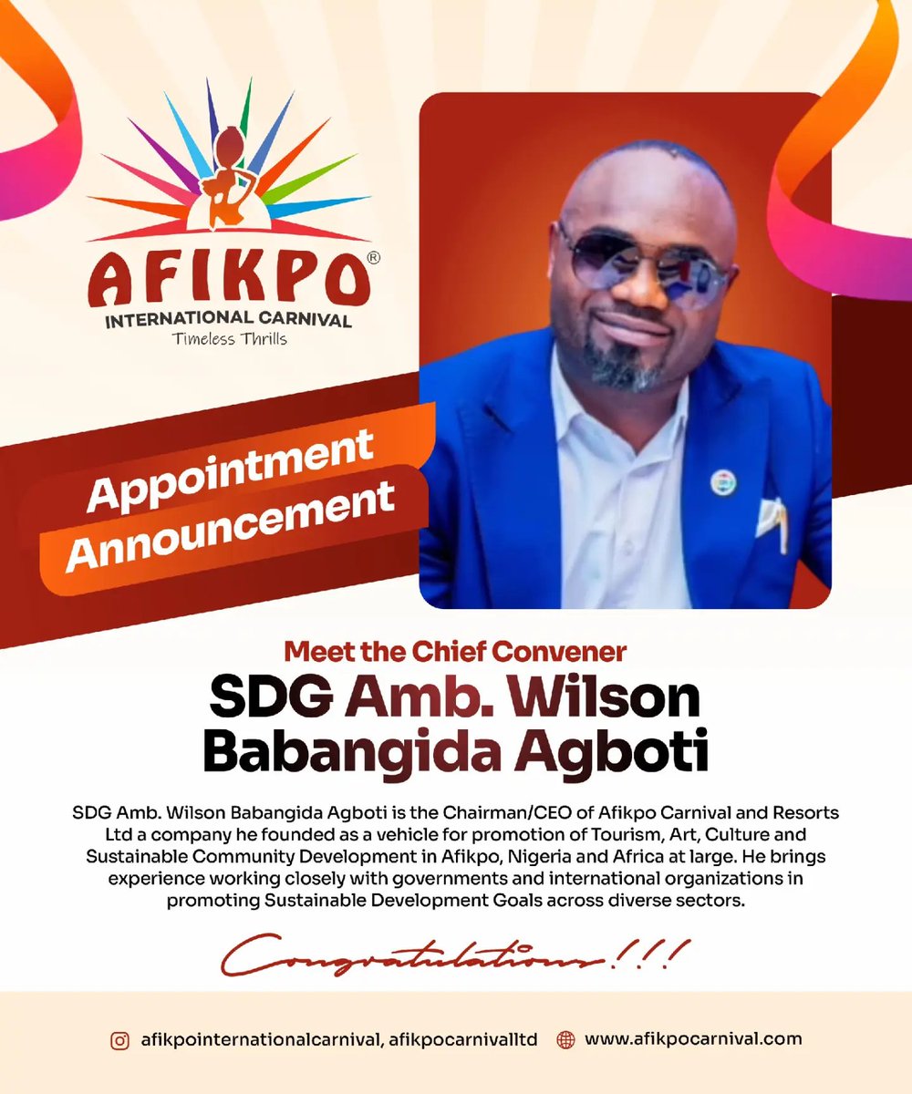 afikpocarnival's tweet photo. Meet our Chief Convener, SDG Amb. Wilson Babangida Agboti.
A vision driven by tourism, culture, arts and sustainable development.
Afikpo International Carnival 2026. 
#aic2026 #entertaiment #tourism #afikpocarnival https://t.co/MdKl6UpPqC
