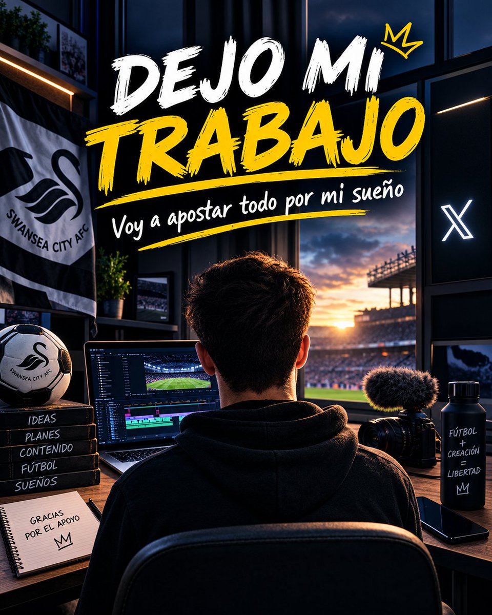 GolDelSwansea's tweet photo. DEJO MI TRABAJO. 

​He tomado la decisión de apostarlo todo por mi verdadero sueño: dedicarme al 100% a crear contenido aquí. 💭✨

​Un simple RT 🔁 y un MG ❤️ me ayudan muchísimo a llegar a nuevos seguidores y hacer esto posible.
​Vamos a por ello. 🚀👇 https://t.co/KY0DRDrj1j