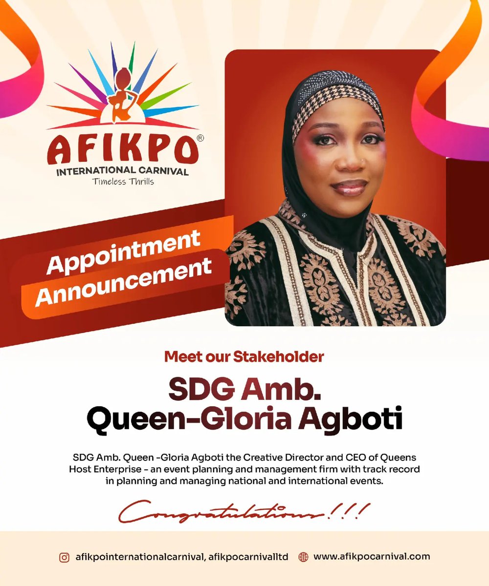 afikpocarnival's tweet photo. We’re delighted to welcome SDG Amb. Queen-Gloria Agboti as a Stakeholder of the Afikpo International Carnival.
Welcome to the AIC #aic2026 #afikpocarnival #culture #entertaiment https://t.co/Bvf10sWiPW