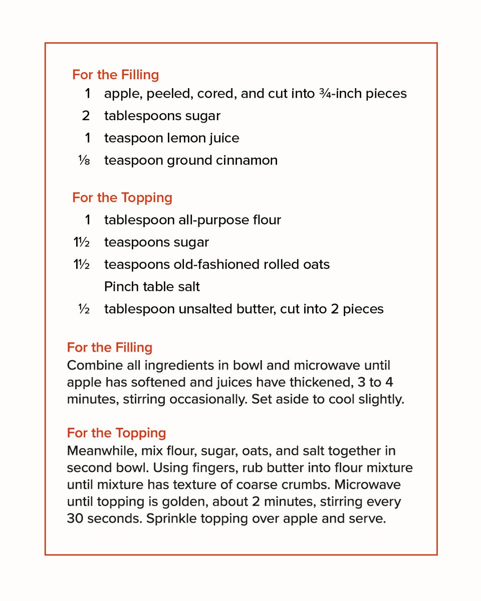 TestKitchen's tweet photo. A single-serving apple crisp made entirely in the microwave. Tender, juicy fruit, crispy topping, no oven required. https://t.co/eWiiRObqzV https://t.co/27JINHZ3yS