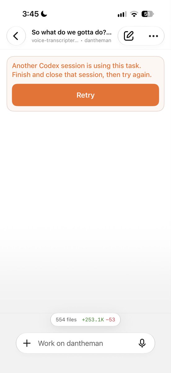 ImDanTheMan's tweet photo. Why did you guys nerf the mobile app  @thsottiaux .

I used to be able to use multiple phones for the same session at once and even view the progress. Now it keeps doing this. Horrible change. https://t.co/cIn8Kj10CX