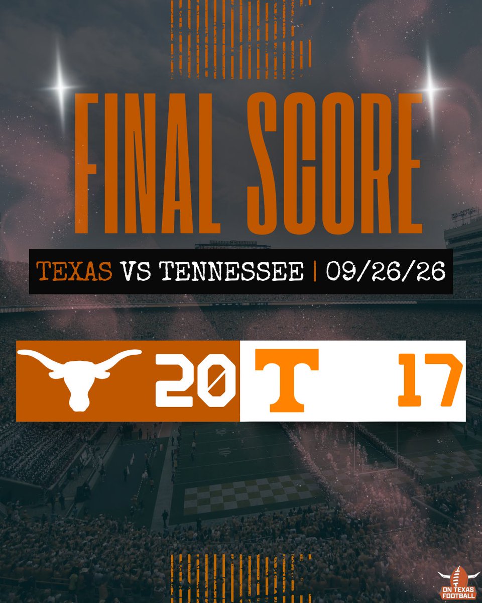 ontexasfootball's tweet photo. #1 Texas takes down #14 Tennessee, 20-17, in Knoxville. 🤘 https://t.co/WoDuC80we1