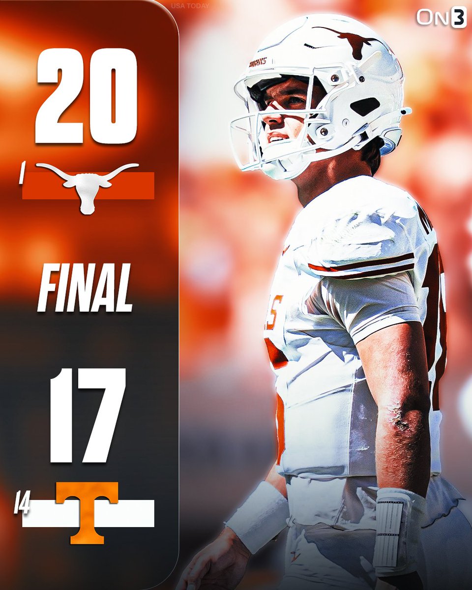 On3's tweet photo. No. 1 Texas survives No. 14 Tennessee in Knoxville🤘

https://t.co/x3ckba34OU https://t.co/VDsaDbz36k