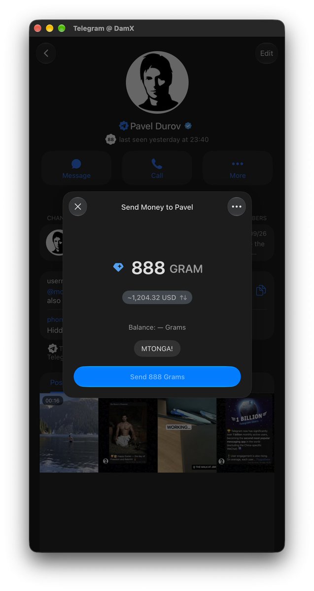 0xdamx's tweet photo. Testing some of the Gram Wallet functionalities in Telegram MacOS beta. https://t.co/fl2upyJt5p