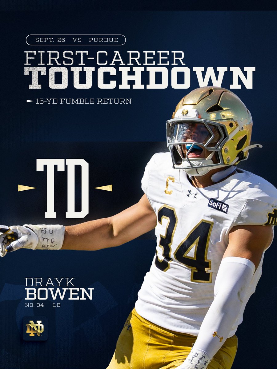 NDFootball's tweet photo. First career touchdown for the Indiana kid 😁

#GoIrish☘️ | @DraykBowen https://t.co/NJuzPF1JFl