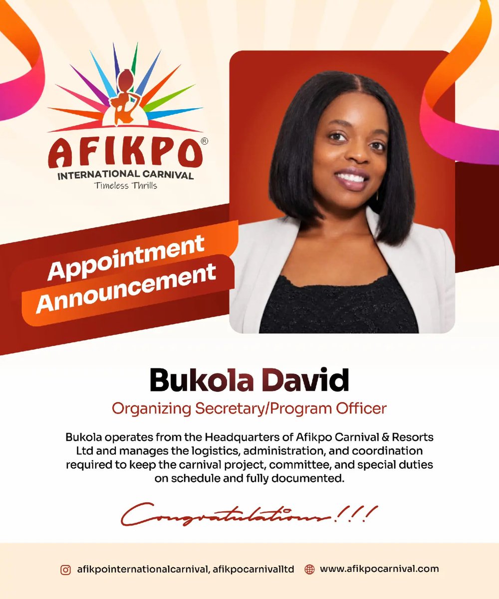 afikpocarnival's tweet photo. Congratulations to Bukola David on her appointment as Organizing Secretary/Program Officer of Afikpo International Carnival. 
We celebrate your dedication and look forward to the impact ahead. Welcome aboard #entertaiment #culture #afikpocarnival #aic2026 https://t.co/FgpE880aA1