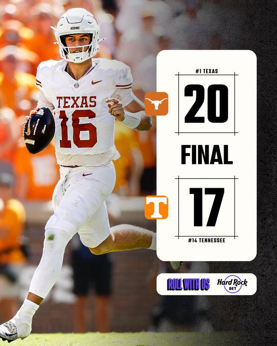 A Texas Longhorns football player (#16) runs with the ball alongside a final score graphic showing #1 Texas defeating #14 Tennessee 20-17, with "Roll With Us" and Hard Rock Bet branding visible at the bottom—illustrating the close win that allowed Tennessee to cover the +5.5 point spread.