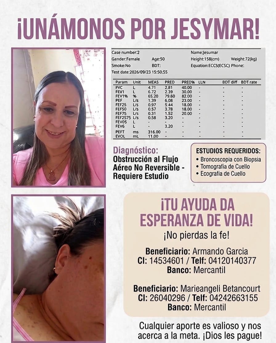 angelessinvoces's tweet photo. ¡Hola a todos! Solicitamos de su valiosa colaboración para Jesymar.

 Jesymar, de 50 años, se encuentra atravesando una condición médica delicada que compromete su capacidad para respirar.
  
​Recientemente se le realizó una espirometría que reveló una obstrucción respiratoria https://t.co/ggggPLlK2b