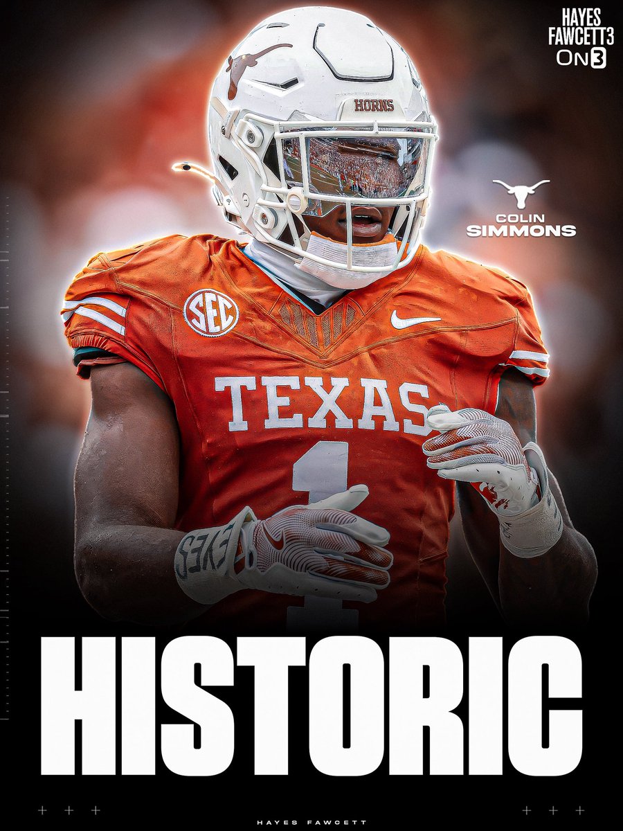 Hayesfawcett3's tweet photo. Texas star EDGE Colin Simmons had a historic day against #14 Tennessee: 
• 7 Solo Tackles 
• 5 Sacks (!)
• 1 Forced Fumble
• 4 TFLs

An absolutely dominant day for Simmons and the Longhorns defense 🤘

https://t.co/V1gaH9Nc7I https://t.co/zQEQW6Lr6t