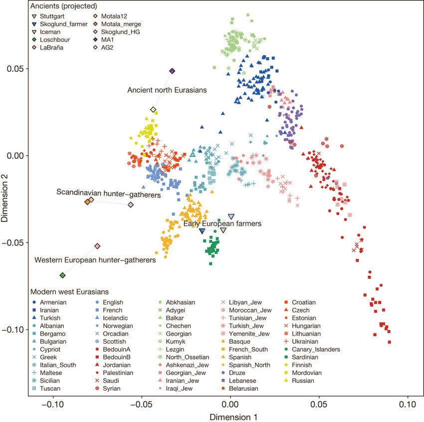 69swagfag's tweet photo. @Vralister @doomernat22 @MessengerOfBaal "The west eurasian levantines" everyone in the middle east has high to full west eurasian ancestry and clusters close to Eroupeans more or less that doesn't make them "white" but they don't overlap, not even caucasians overlap rven tho they got higher yamnya and anatolian lol https://t.co/W9tBBDO2If