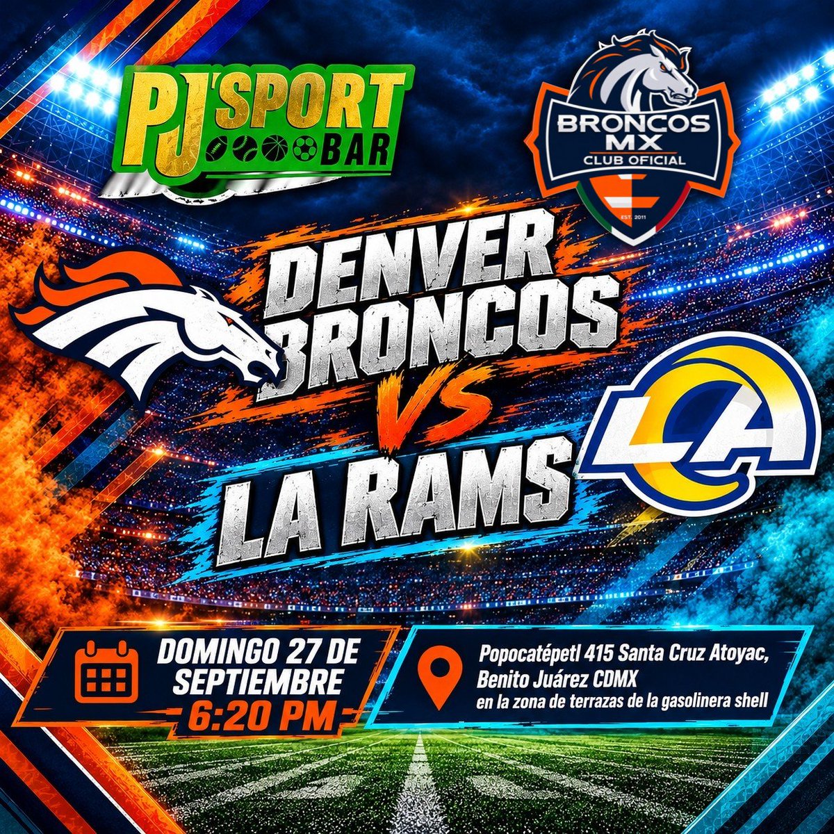 FanBroncosMx's tweet photo. Amigos de la #CDMX y #EdoMex nos vemos el domingo 27 de septiembre a las 6:20pm para ver el juego vs LA RAMS y buscar la segunda victoria de la temporada, los esperamos en cualquiera de nuestras dos sedes: Wingstop sucursal City Shops Valle Dorado o PJ'Sport Bar

En ambas sedes habrá rifas de souvenirs de Denver y la oportunidad de participar en la macrorifa de fin de año.

Los esperamos para apoyar juntos a nuestros Broncos de Denver en este partido tan importante.
VAMOS BRONCOS!!!! #MexicoEsBroncosCountry
#broncoscountrymx
