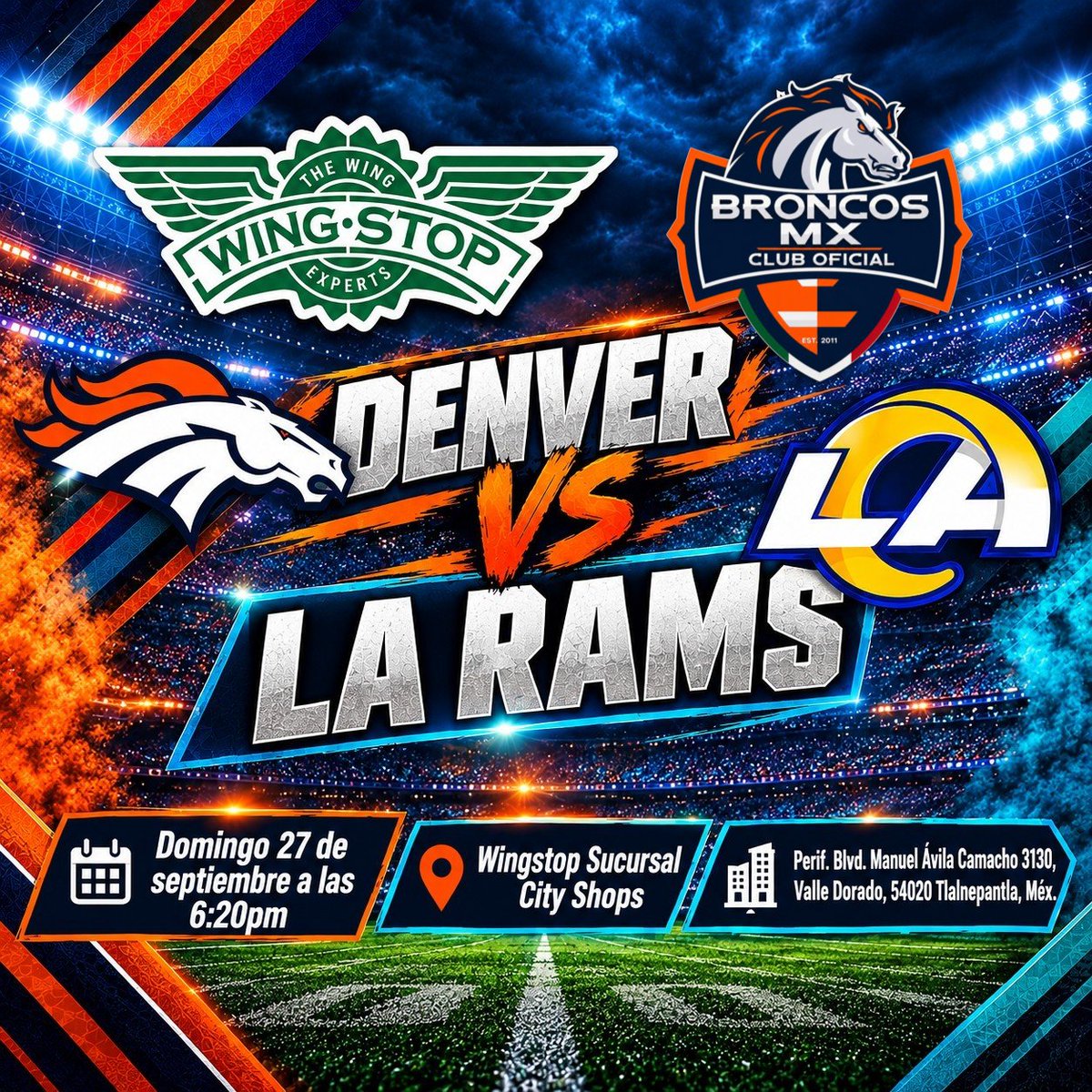 FanBroncosMx's tweet photo. Amigos de la #CDMX y #EdoMex nos vemos el domingo 27 de septiembre a las 6:20pm para ver el juego vs LA RAMS y buscar la segunda victoria de la temporada, los esperamos en cualquiera de nuestras dos sedes: Wingstop sucursal City Shops Valle Dorado o PJ'Sport Bar

En ambas sedes habrá rifas de souvenirs de Denver y la oportunidad de participar en la macrorifa de fin de año.

Los esperamos para apoyar juntos a nuestros Broncos de Denver en este partido tan importante.
VAMOS BRONCOS!!!! #MexicoEsBroncosCountry
#broncoscountrymx