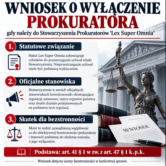 Anna_witam's tweet photo. 📢Dlatego wszystkim, którzy będą mieli do czynienia z prokuraturą lub sądem, proponuję złożyć  ⬇️

WNIOSEK O WYŁĄCZENIE PROKURATORA NALEŻĄCEGO DO LEX SUPER OMNIA I SĘDZIEGO NALEŻĄCEGO DO IUSTITII. 

Podstawą takiego wniosku może być uzasadniona wątpliwość co do bezstronności prokuratora – art. 41 § 1 w zw. z art. 47 § 1 k.p.k.

W uzasadnieniu warto wskazać, że:
Statut Stowarzyszenia Prokuratorów „Lex Super Omnia” nakłada na jego członków obowiązek przestrzegania uchwał władz Stowarzyszenia, a nieprzestrzeganie tych uchwał może stanowić podstawę wykluczenia - dokładnie to samo dotyczy sędziów z Iustitii.                      

Jednocześnie Lex Super Omnia (oraz Iustitia) w swoich oficjalnych stanowiskach kwestionowały konstytucyjność obowiązujących regulacji, status organów państwa oraz skuteczność czynności podejmowanych na podstawie tych regulacji.

Powstaje więc zasadnicze pytanie: czy z punktu widzenia postronnego obserwatora można wykluczyć uzasadnioną wątpliwość co do bezstronności prokuratora, który pozostaje członkiem organizacji statutowo zobowiązującej go do przestrzegania jej uchwał, podczas gdy organizacja ta publicznie prezentowała własne stanowisko dotyczące obowiązywania lub skuteczności przepisów i działań organów państwa?

Dlatego wnoszę o:
wyłączenie od prowadzenia, nadzorowania oraz podejmowania decyzji w mojej sprawie prokuratora będącego członkiem Stowarzyszenia Prokuratorów „Lex Super Omnia”  / sędziego ze Stowarzyszenia Sędziów „Iustitia” oraz o powierzenie sprawy prokuratorowi i sędziemu, wobec którego opisane okoliczności nie występują.

Bezstronność prokuratora i sądu nie może opierać się wyłącznie na zapewnieniu samego zainteresowanego. Musi być również widoczna z perspektywy obywatela i postronnego obserwatora.