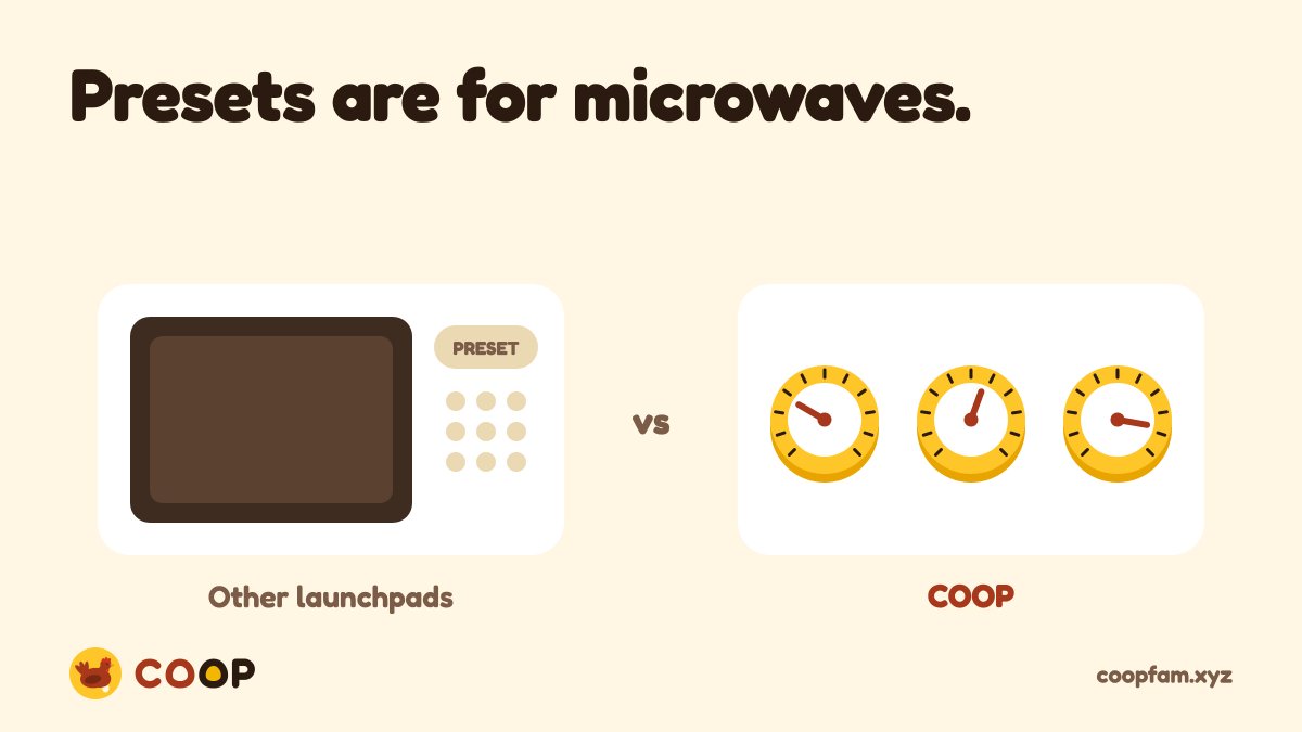 coopfamxyz's tweet photo. Presets are for microwaves.

Tax: 0 to 3.3%. You pick.
Paid in: anything Jupiter can reach. You pick.
Paid to: five rules. You pick.

$COOP. The launchpad with dials. https://t.co/7werd16OcR