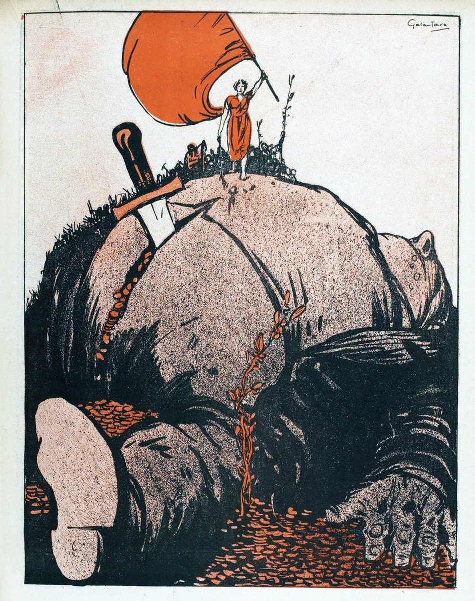 JoeZumwalt's tweet photo. French anti-capitalist illustration ( 1907) showing a woman waving the red flag and leading a crowd over the slain giant of capitalism.
‘The Beast’,  by Gabriele Galantara  reading: ‘It is only when this beast has been killed that true social peace will rise on the horizon’. https://t.co/veJfLsTnze
