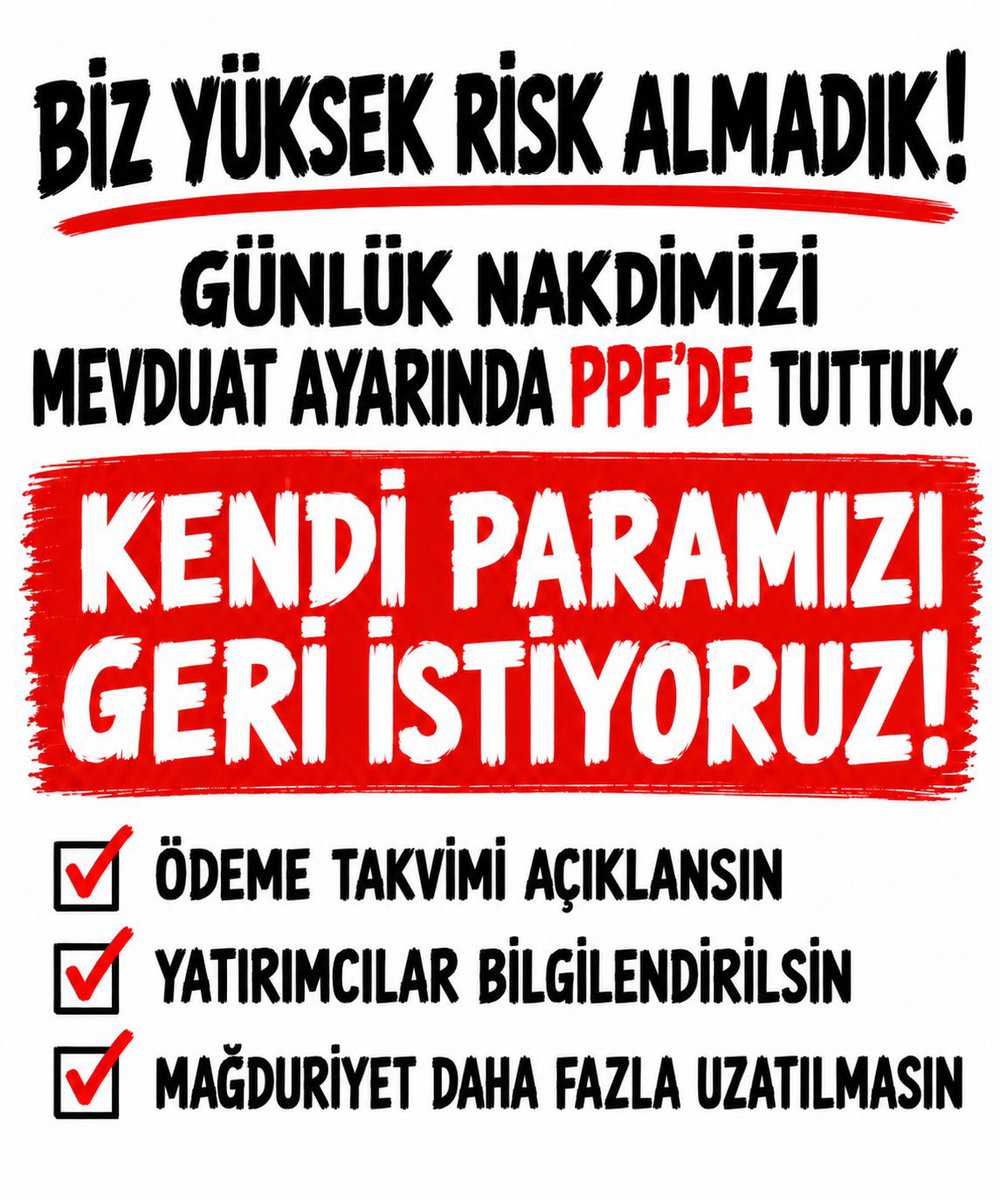 chillheatx99's tweet photo. PPF'de (Para Piyasa Fonu) Risk Yok ❌
@spkgovtr Denetimine tabii ✅
@tefas ile bankalara alım satımı sunulan ✅
@Takasbank 'da payları korunan ✅
@isbankasi saklayıcısı olan ✅
Mevduat eşleniği getiri ✅
TP2 para piyasa fonuna para yatırdık.
Gel gör ki paramıza 10 gündür erişemiyoruz, acil çözüm ve paramızı hakkaniyetli eşitlik ilkesini bozmadan geri verilmesini istiyoruz.

#ppfödemebekliyor
@spkgovtr
@memetsimsek
@isbankasi
@RTErdogan
@engelsizbestepe
@mehmetucum
@oktay_saral
@tcbestepe
@HMBakanligi
#FonMağdurlarıAçıklamaBekliyor