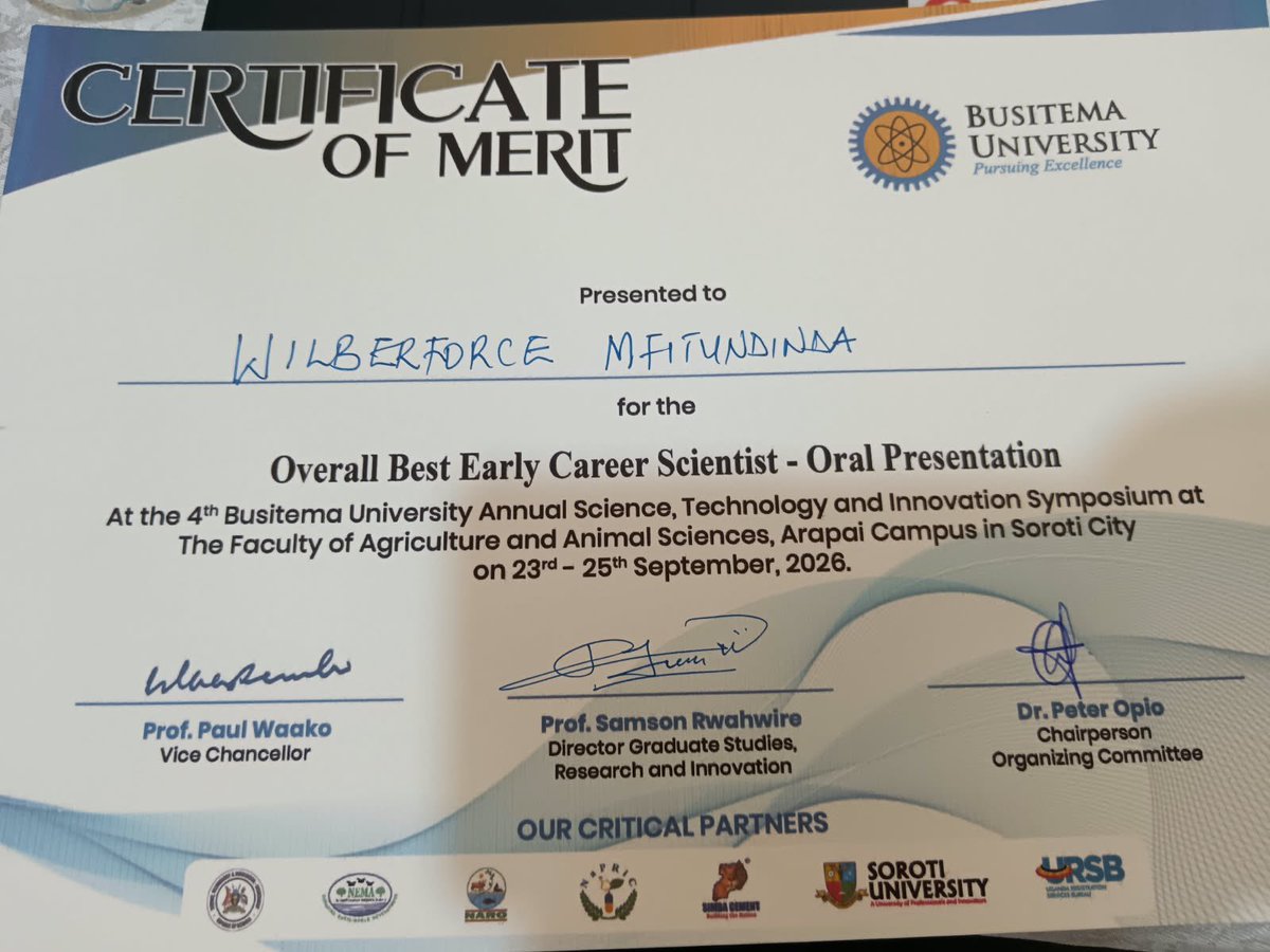 KingCeasorUni's tweet photo. Research Excellence at KCU!

Dr. Wilberforce Mfitundinda of King Ceasor University was awarded Overall Best Early Career Scientist after his research presentation was selected as the Overall Best Presentation at the 4th @Busitema University Annual Science, Technology and Innovation Symposium, held from 23–25 September 2026 in Soroti City.

👏 Congratulations, Dr. Mfitundinda!

#KCU #ResearchExcellence #Innovation #STI2026