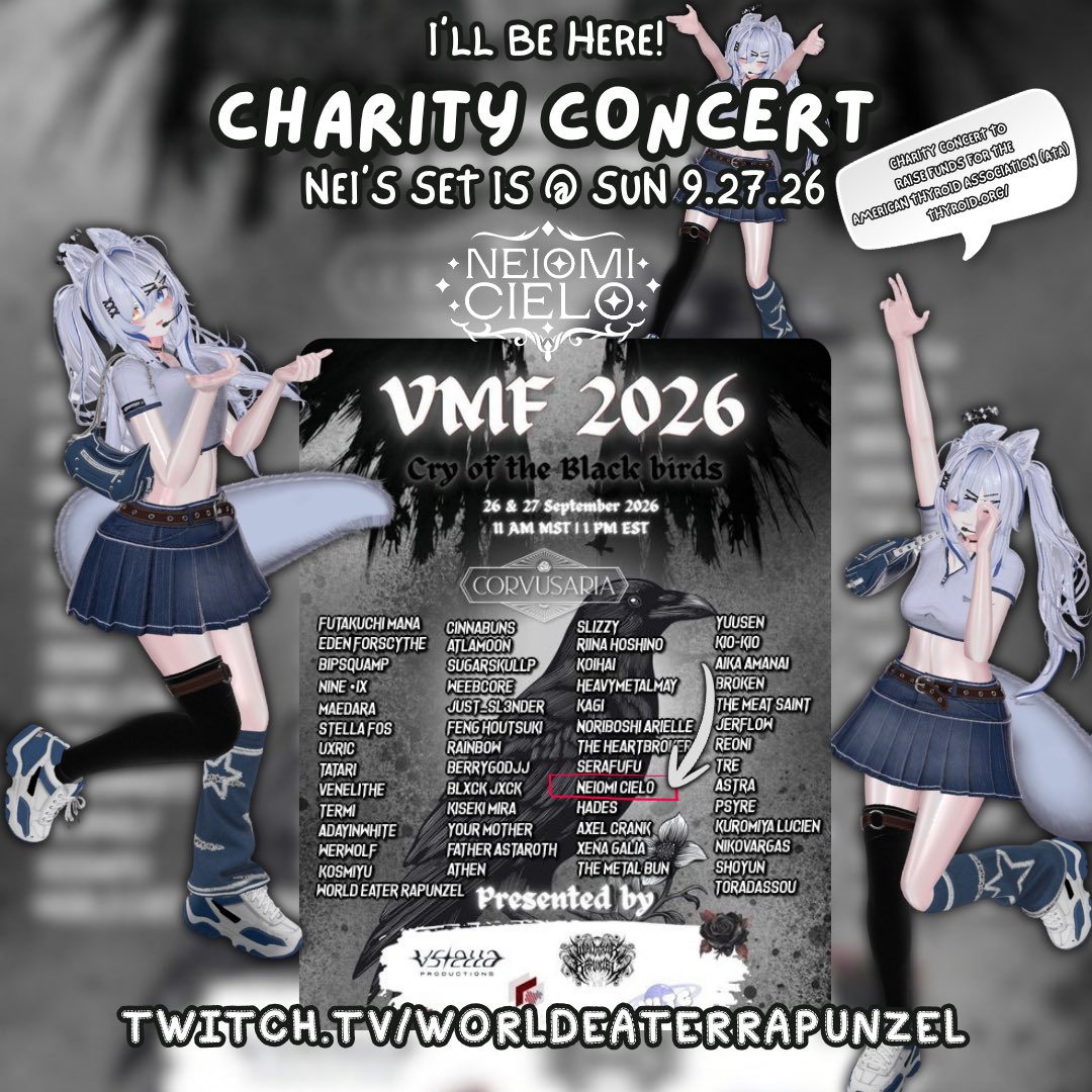 neiomicielo's tweet photo. 🐦‍⬛CHARITY CONCERT🐦‍⬛🎼
Did you know @welcometolucid talents @neiomicielo and @AstraYonaka (w @vltgmusic ) will be performing this weekend during this Charity Concert!? 🤘🎸

VMF 2026: Cry of the Black Birds is a 2-Day Charity Concert to raise Money for American Thyroid Association (ATA) 
⏰Sep 26th & 27th 

I was invited to be apart of this event along with so many talented artists and musicians and groups for an incredible cause. my family, mainly on my mothers side suffers from Thyroid complications and I personally visit the doctor annually to have my Thyroid checked because of this! So this cause is close to my heart 🫶 

On day 2 I will be singing a special performance of Famous Last Words featuring VSinger / Producer @DayinWhite so please cheer your idol while I am on stage and help the cause!!! 
Note. Also @DADBODRAPUNZ is an incredible MC and incredibly talented with a huge heart thanks for hosting!
Let’s rock out on the 🟣 🎸