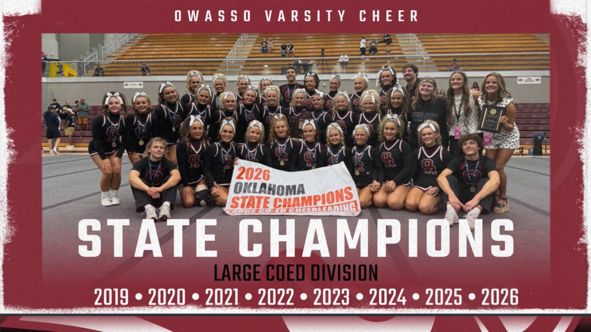 OwassoAthletics's tweet photo. Owasso Varsity Cheer is now the back to back to back to back to back to back to back to back Performance State Champions! Congratulations to these athletes and coaches on an incredible achievement! 🏆🏆🏆🏆🏆🏆🏆🏆
#CHAMPIONS | #RamPride https://t.co/7tFdn6YUKb