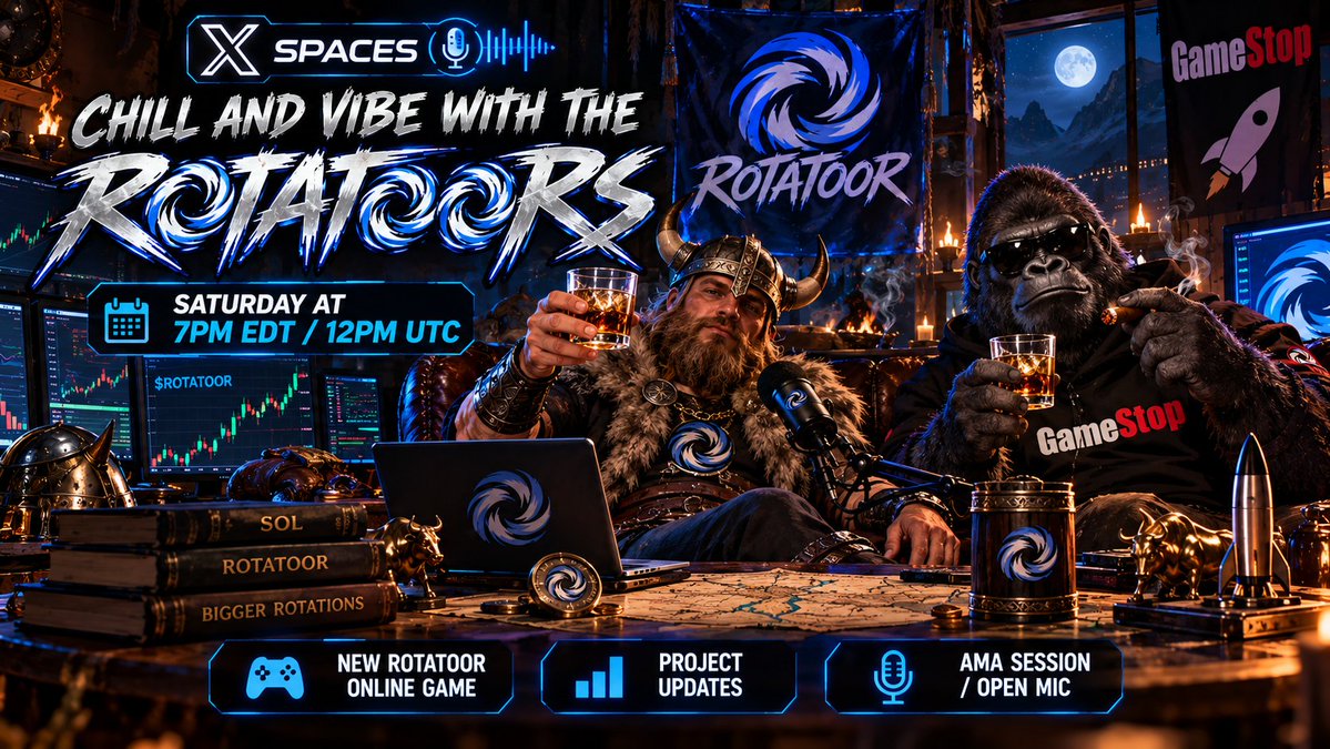 RotatoorGME's tweet photo. $ROTATOOR spaces - episode 1

Saturday at 7pm EDT / 12pm UTC

🎙️ Chill and vibe with the ROTATOORS 🎙️

Dev (Bryn the Viking) takes the mic to present recent updates, followed by a casual AMA session. Cohost CryptNewbie (game designer).

Lots of exciting things on our table, you do not want to miss out 😎

- New ROTATOOR online game
- Project updates
- AMA session / open mic 

https://t.co/qE68YNhFWx