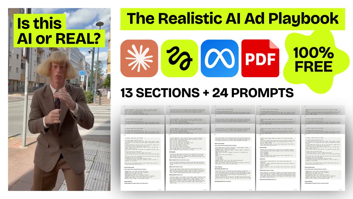Hamzaaadzn's tweet photo. A lot of you thought this was real...

I hate to break it, but it's AI.

I wrote down the whole workflow on how accounts like this get made: the face, the cloning method, every prompt.

Made for AI ads & DTC brands.

13 sections. 24 prompts. Free until October 3rd.

Link in the first reply 👇