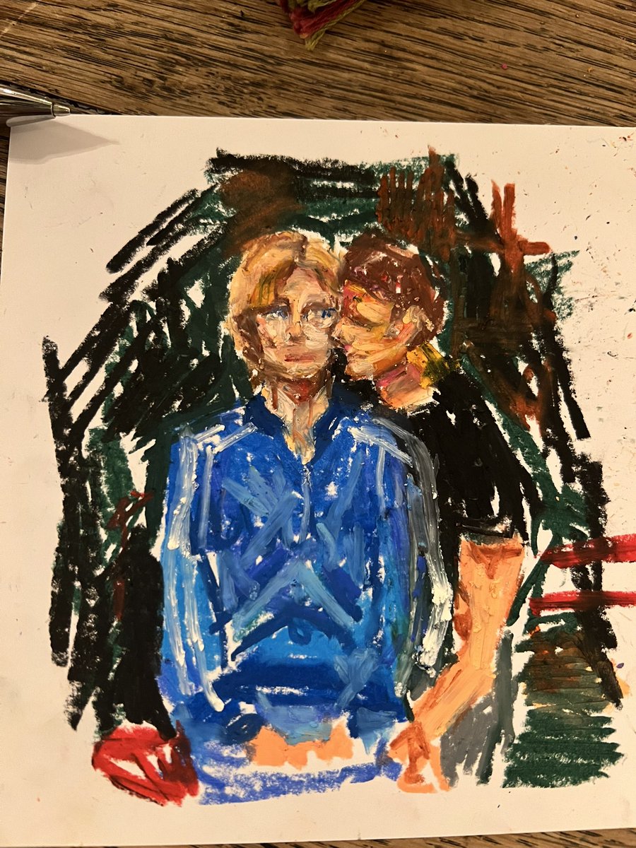 tuffasbeans's tweet photo. This is my piece of art called ‘tell me something good’, it is abstract in oil pastels. It depicts a women sitting uncomfortably whilst her coworker attempts to seduce her as it is Wednesday, also known as Hump Day. https://t.co/0araDyXBX4